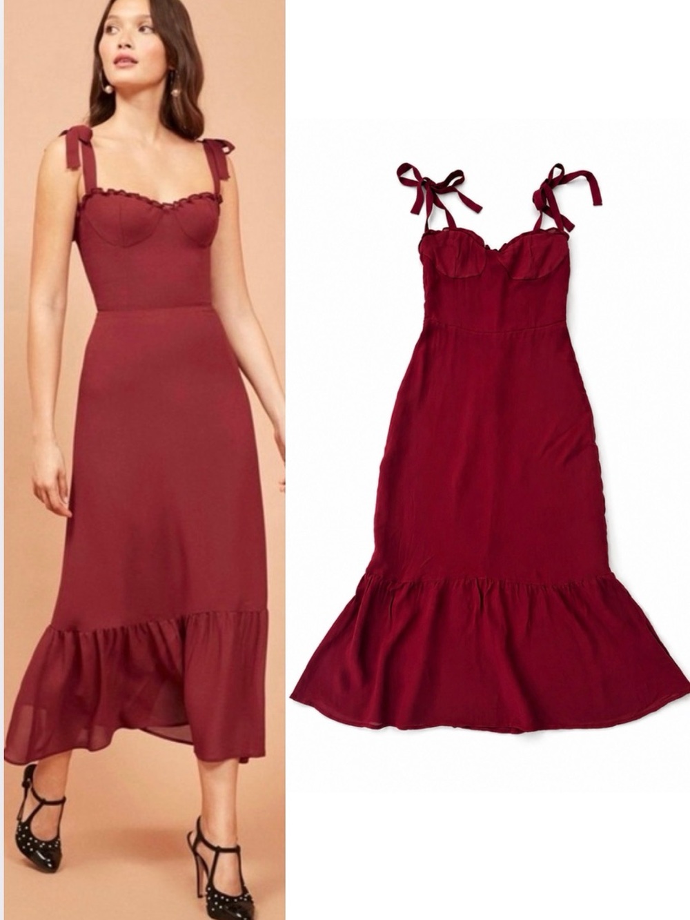 Reformation Red Midi Dress Tie Strap Ruffle Hem Fitted Silhouette Romantic 4P